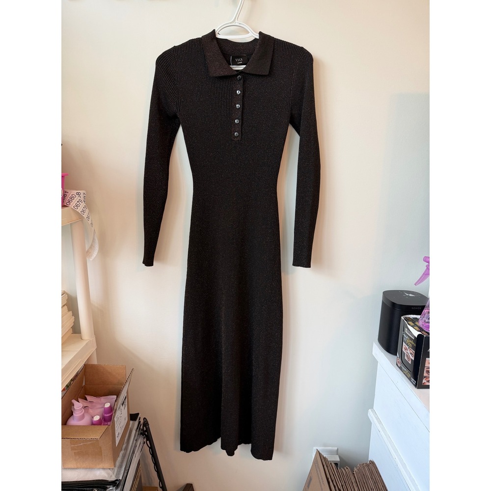 Vici Luxe Womens Large Brown Metallic Ribbed Knit Polo Midi Dress Long Sleeve